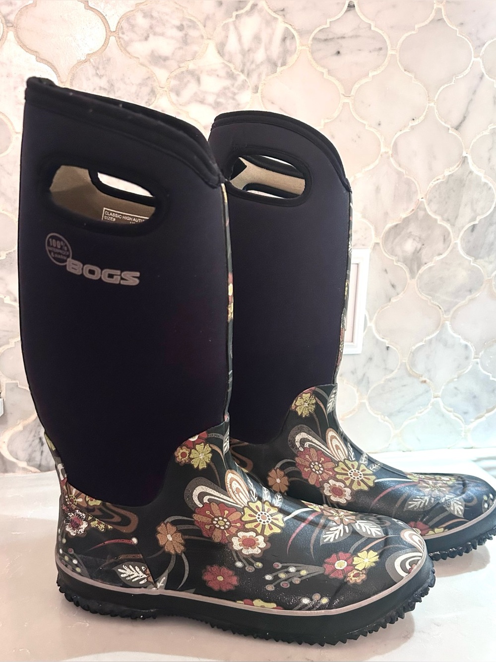 Bogs Women's Black Floral Tall Waterproof Rain Boots